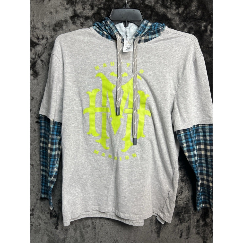 Disney's Haunted Mansion Hoodie Shirt Medium Gray Neon Graphic HM Logo‎